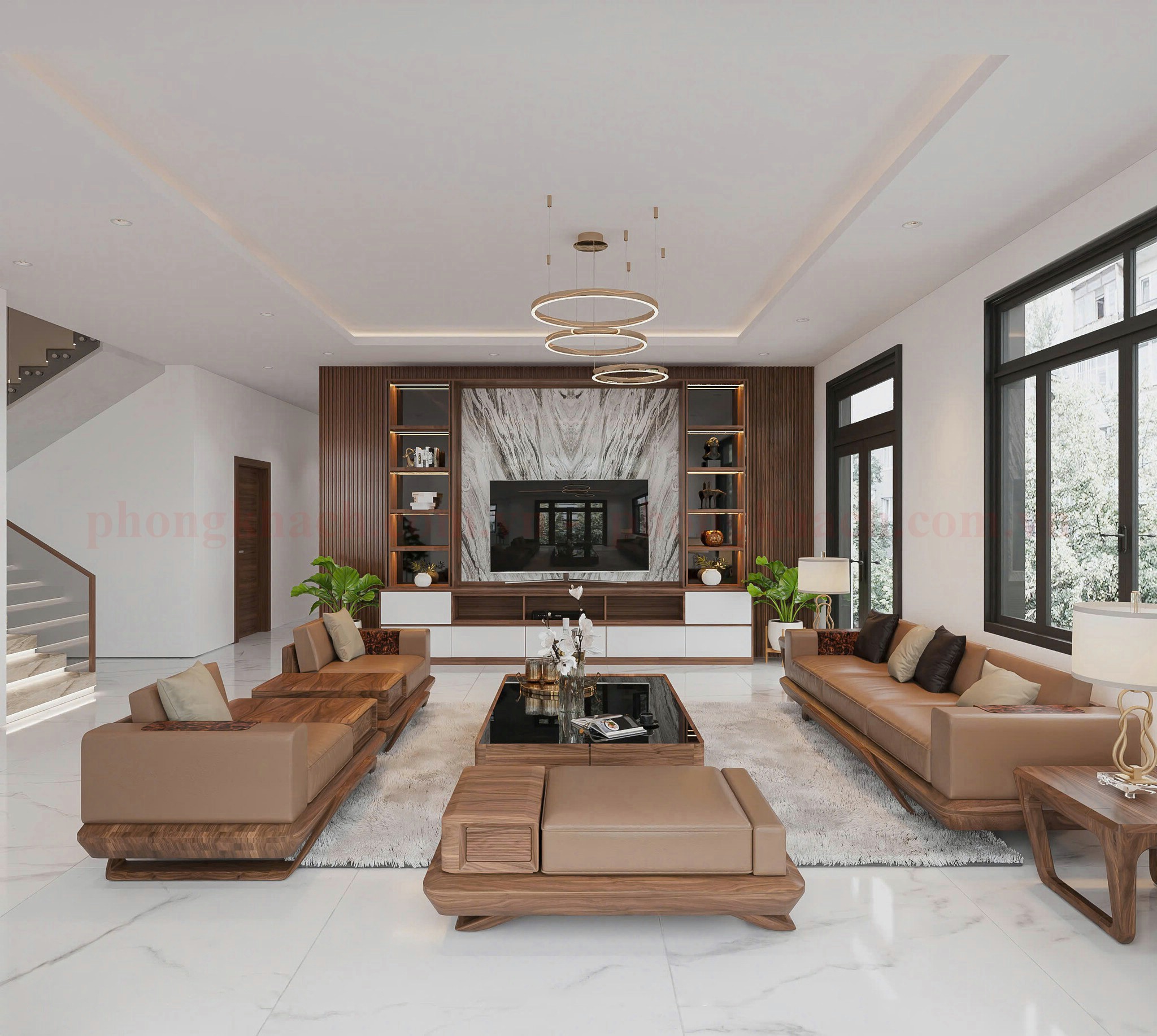Bàn ghế phòng khách hiện đại với đệm da