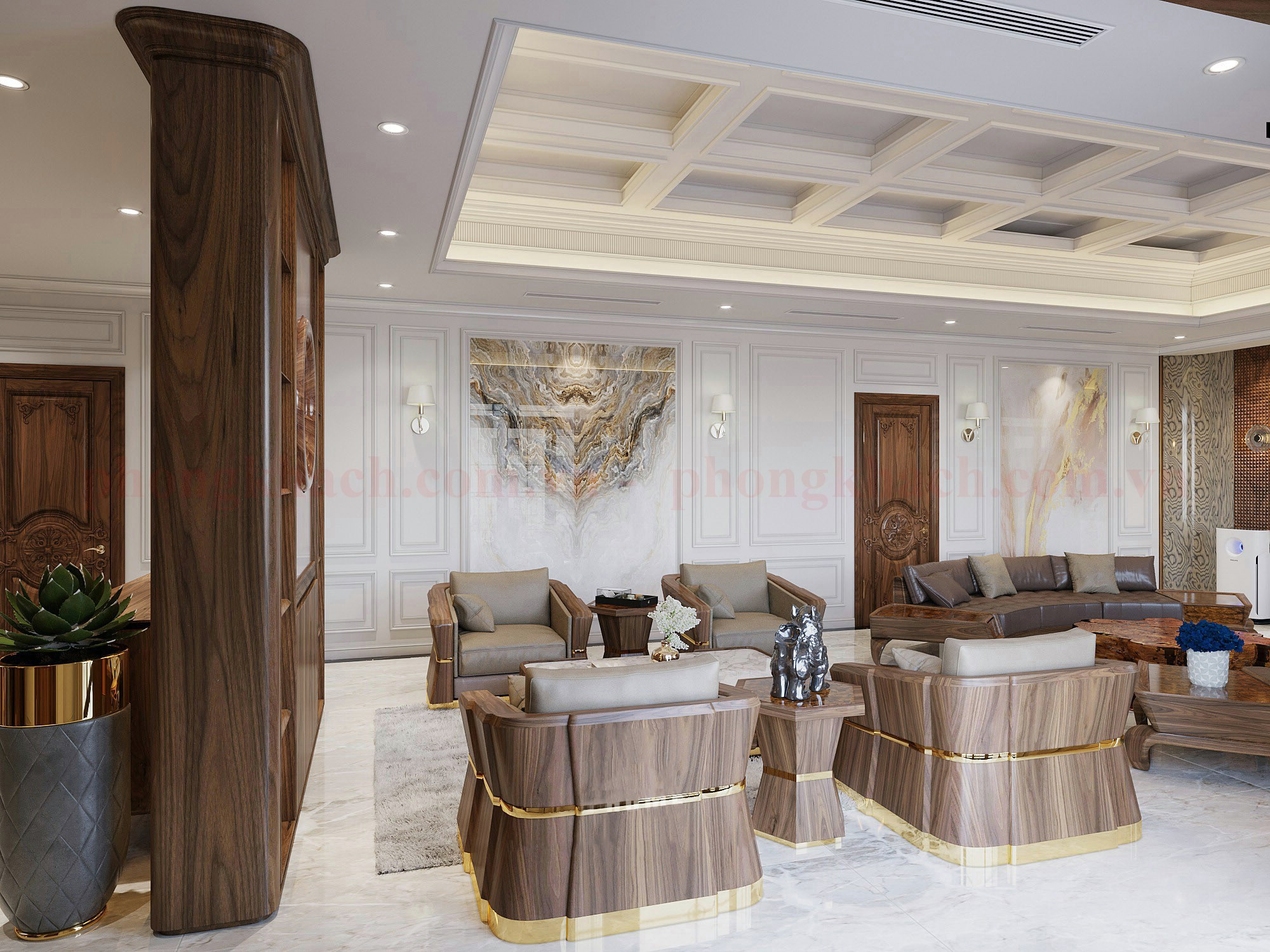 Bàn ghế sofa gỗ đệm da bò Ý cao cấp