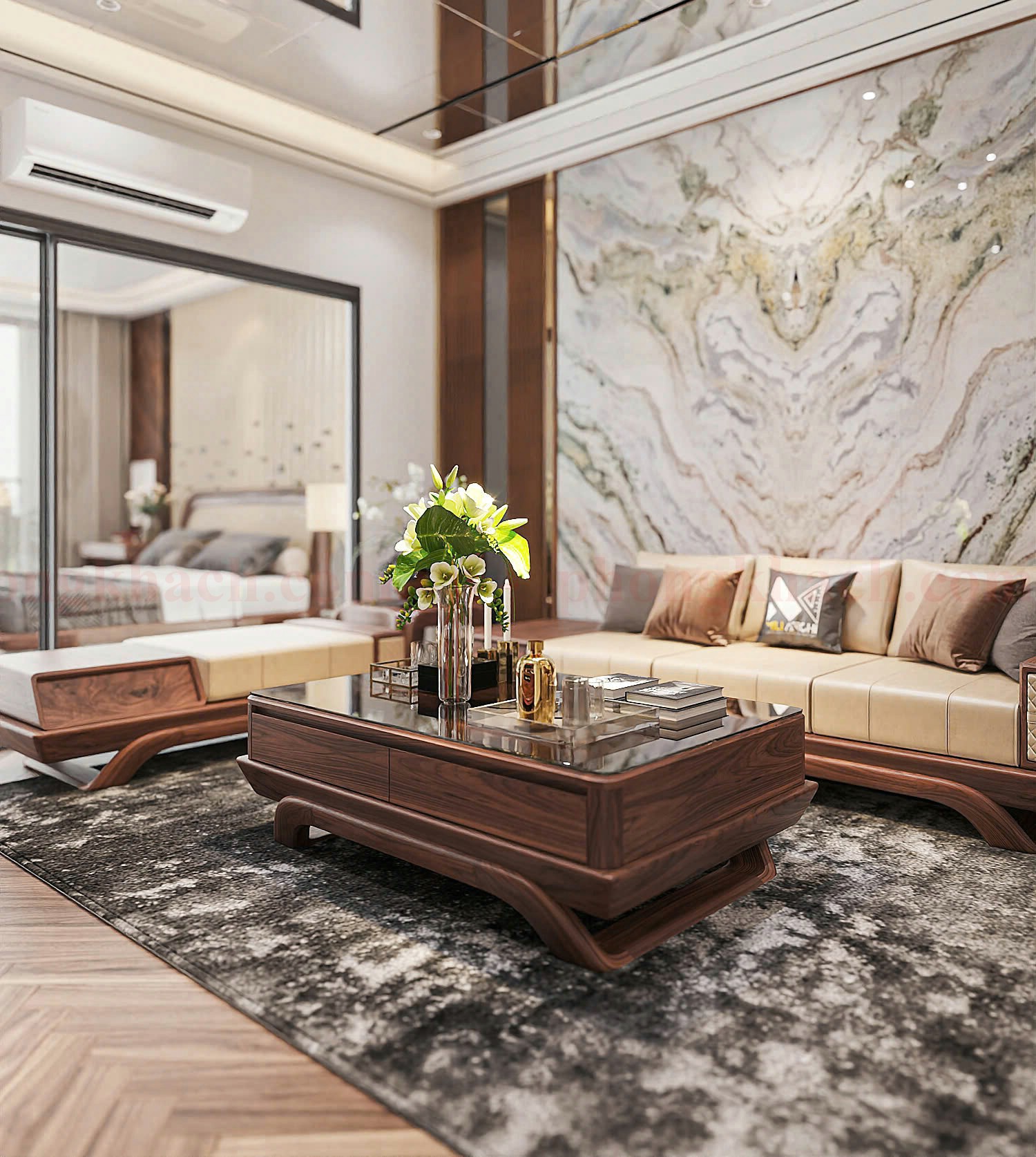 Bàn trà và ghế sofa gỗ óc chó