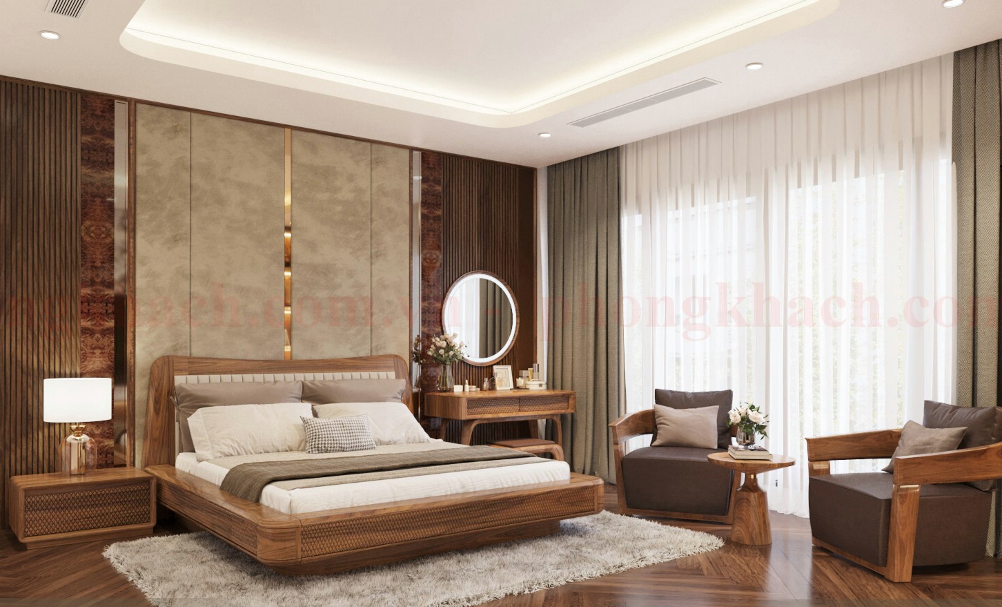 Giường và tủ gỗ óc chó trong phòng ngủ