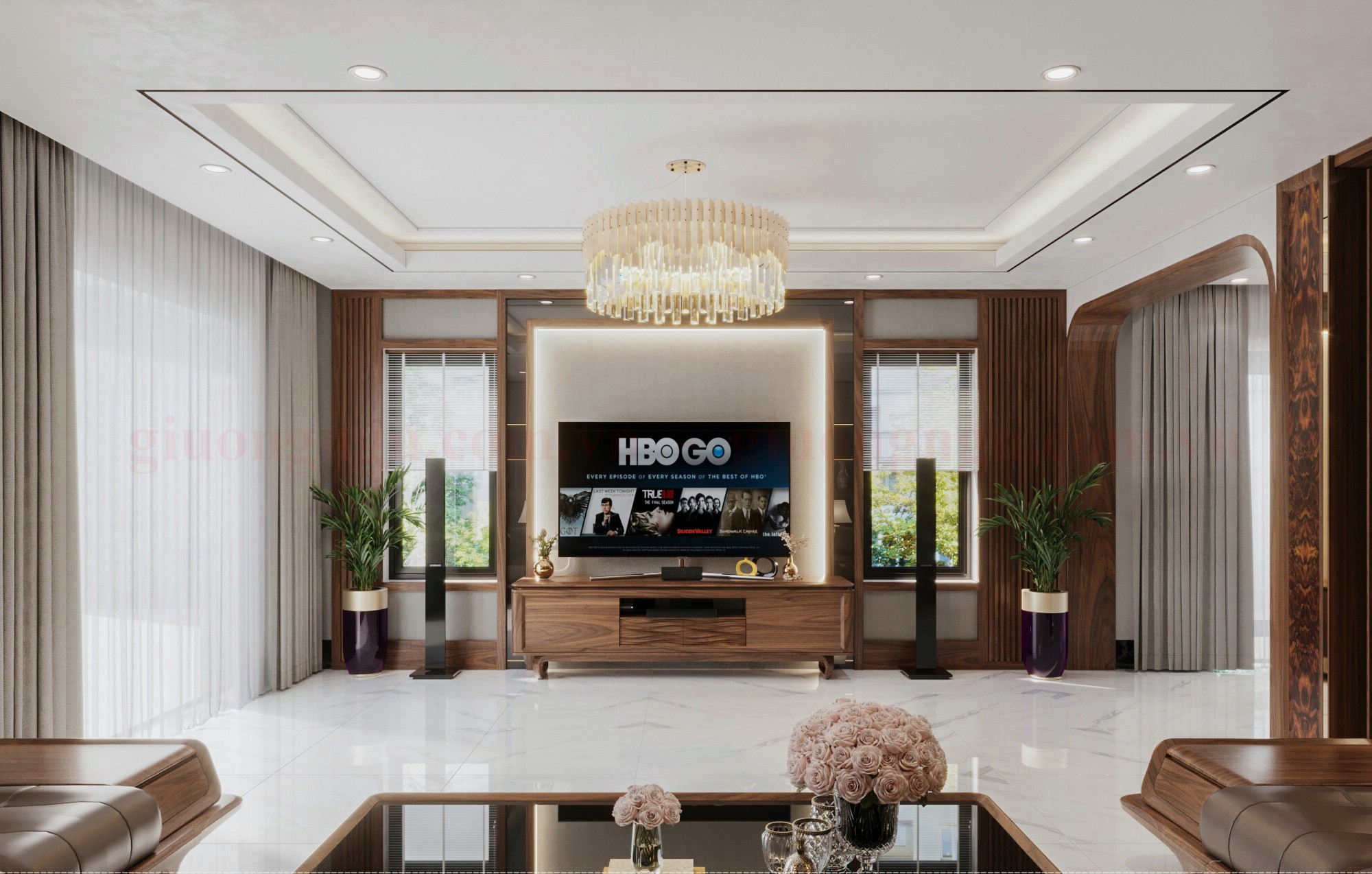Kệ tivi gỗ óc chó thấp thiết kế hiện đại trong phòng khách