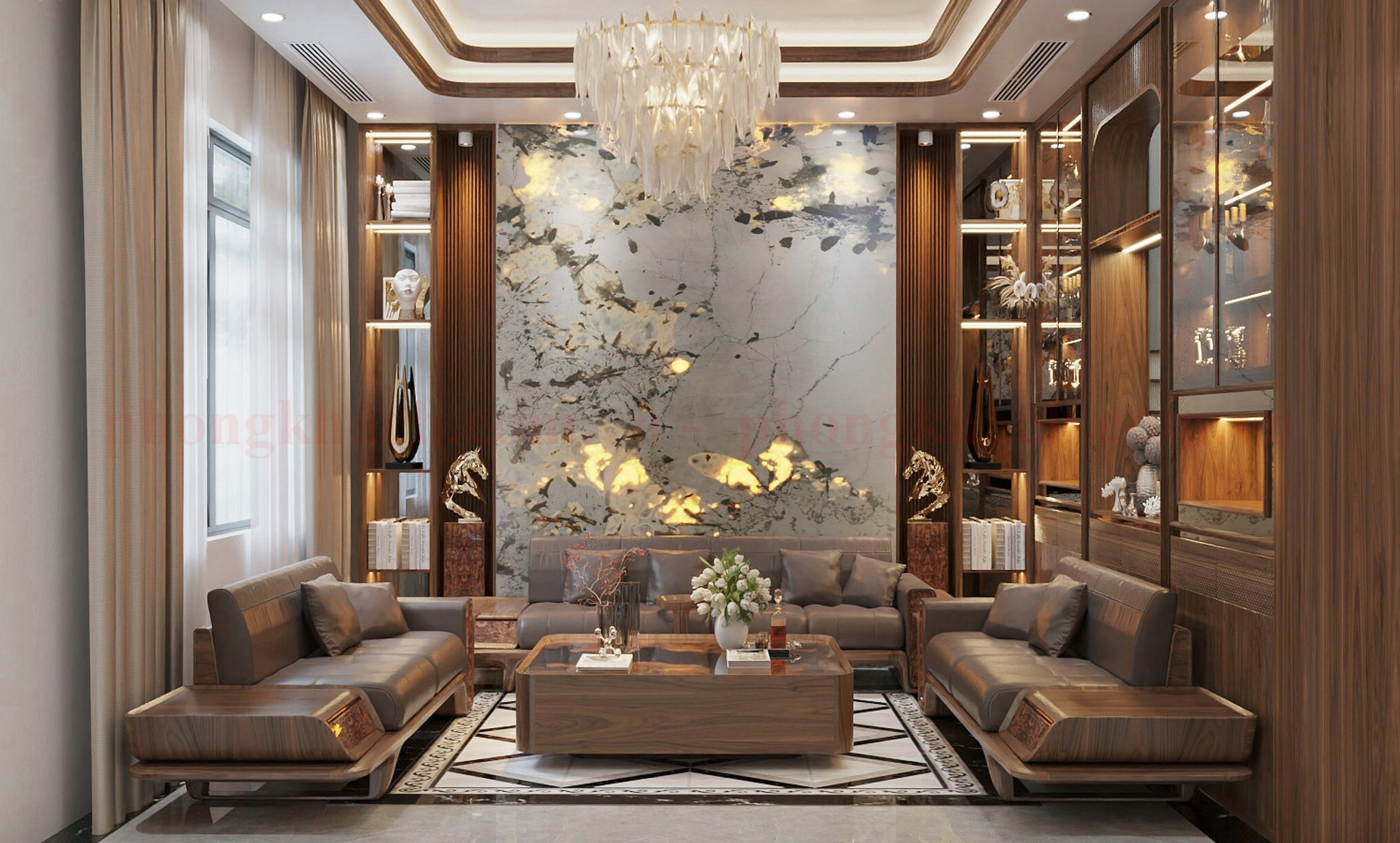 Bộ sofa gỗ óc chó với kích thước tiêu chuẩn trong phòng khách hiện đại