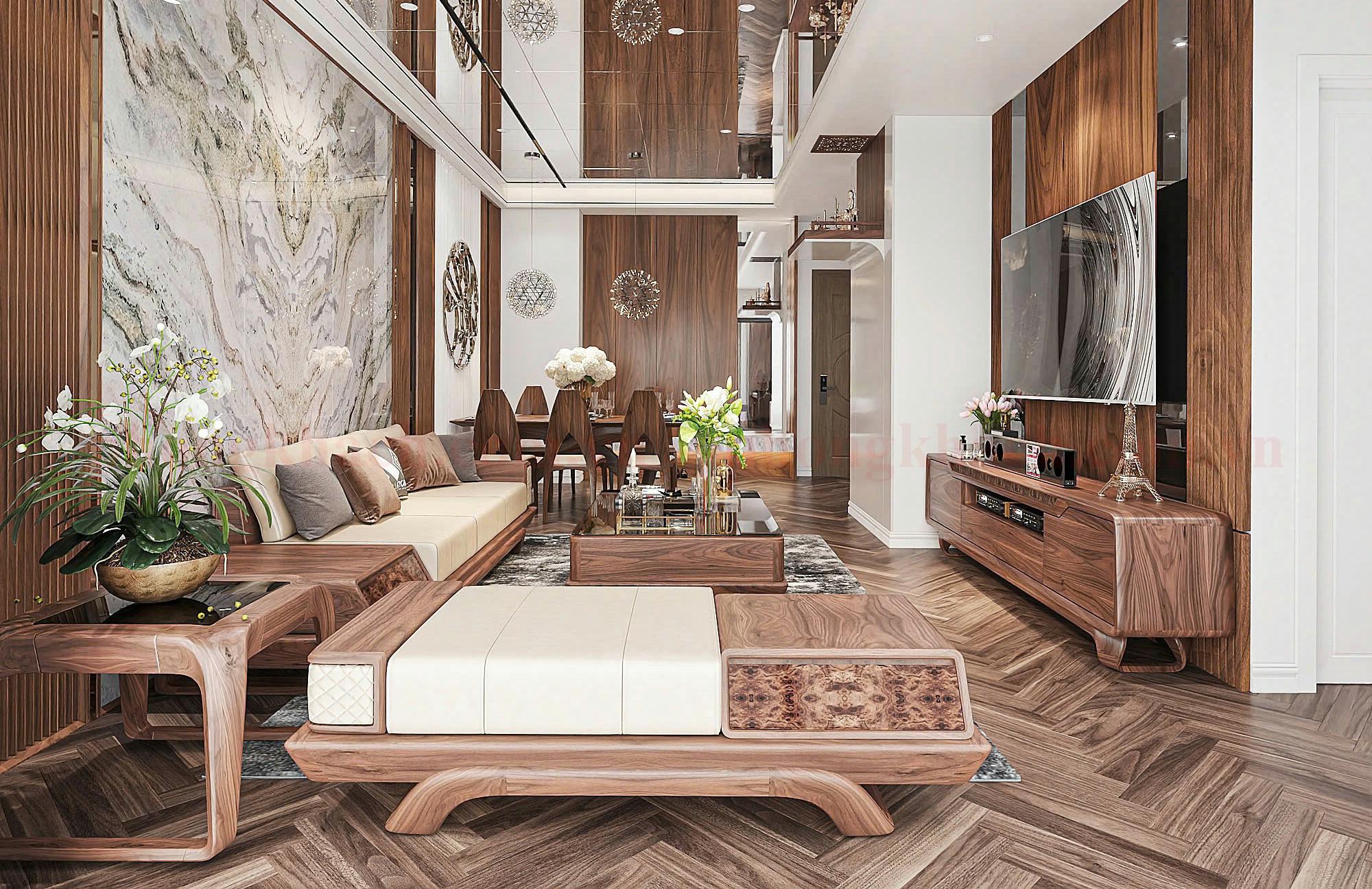 Sofa gỗ đồng bộ với nội thất biệt thự