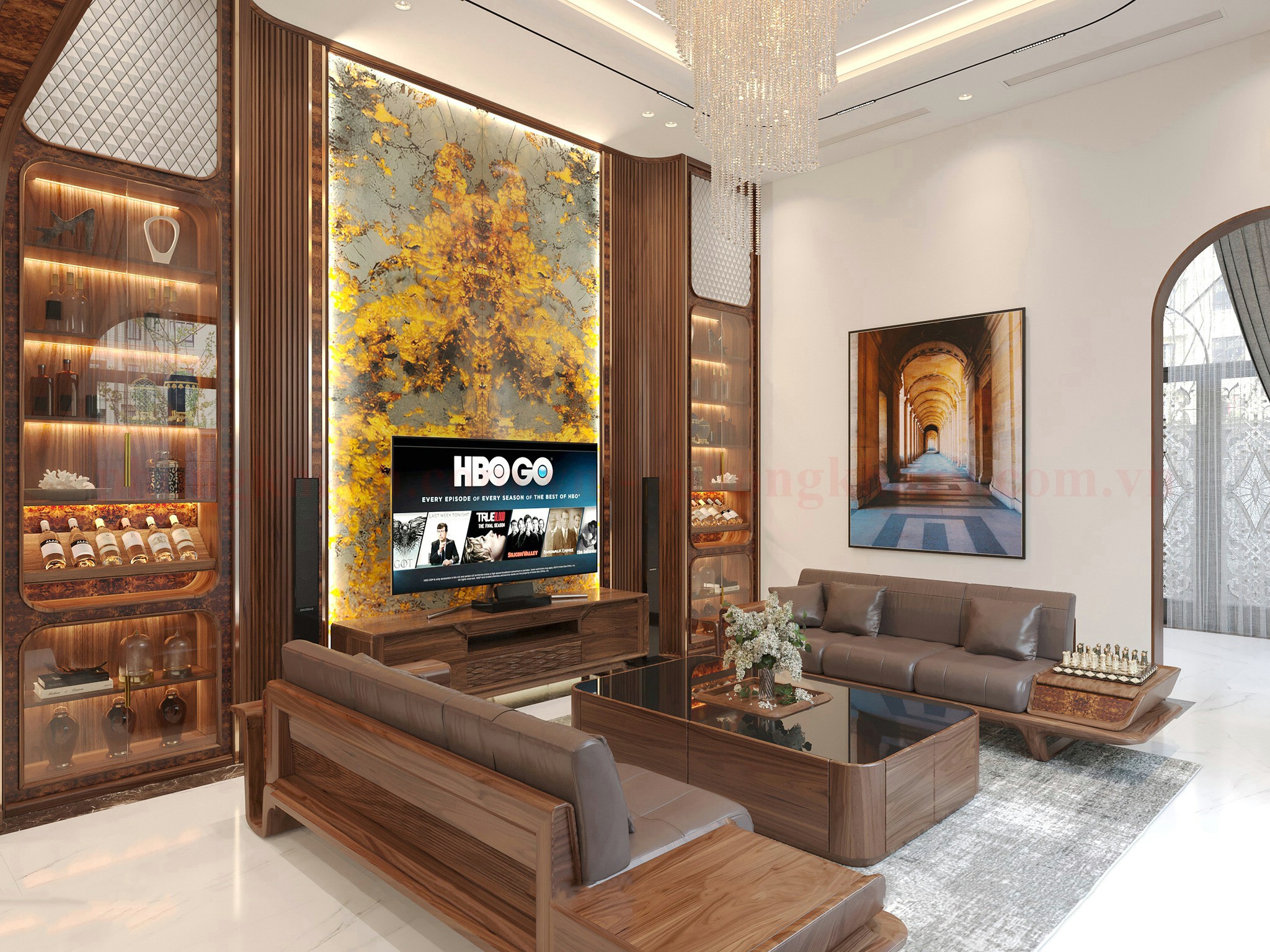 Phòng khách đẹp với nội thất gỗ Óc Chó
