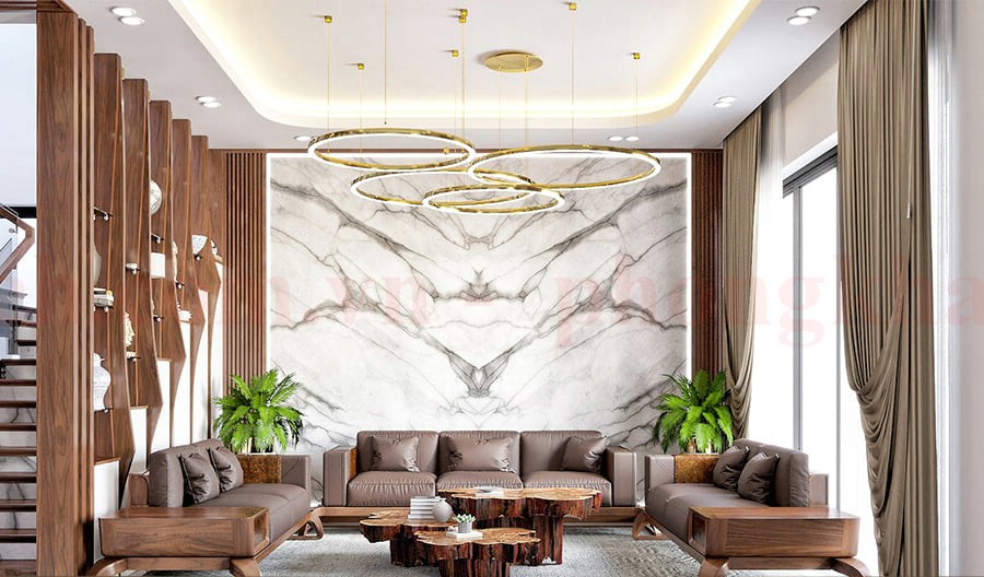 Phòng khách sang trọng với sofa gỗ đệm da