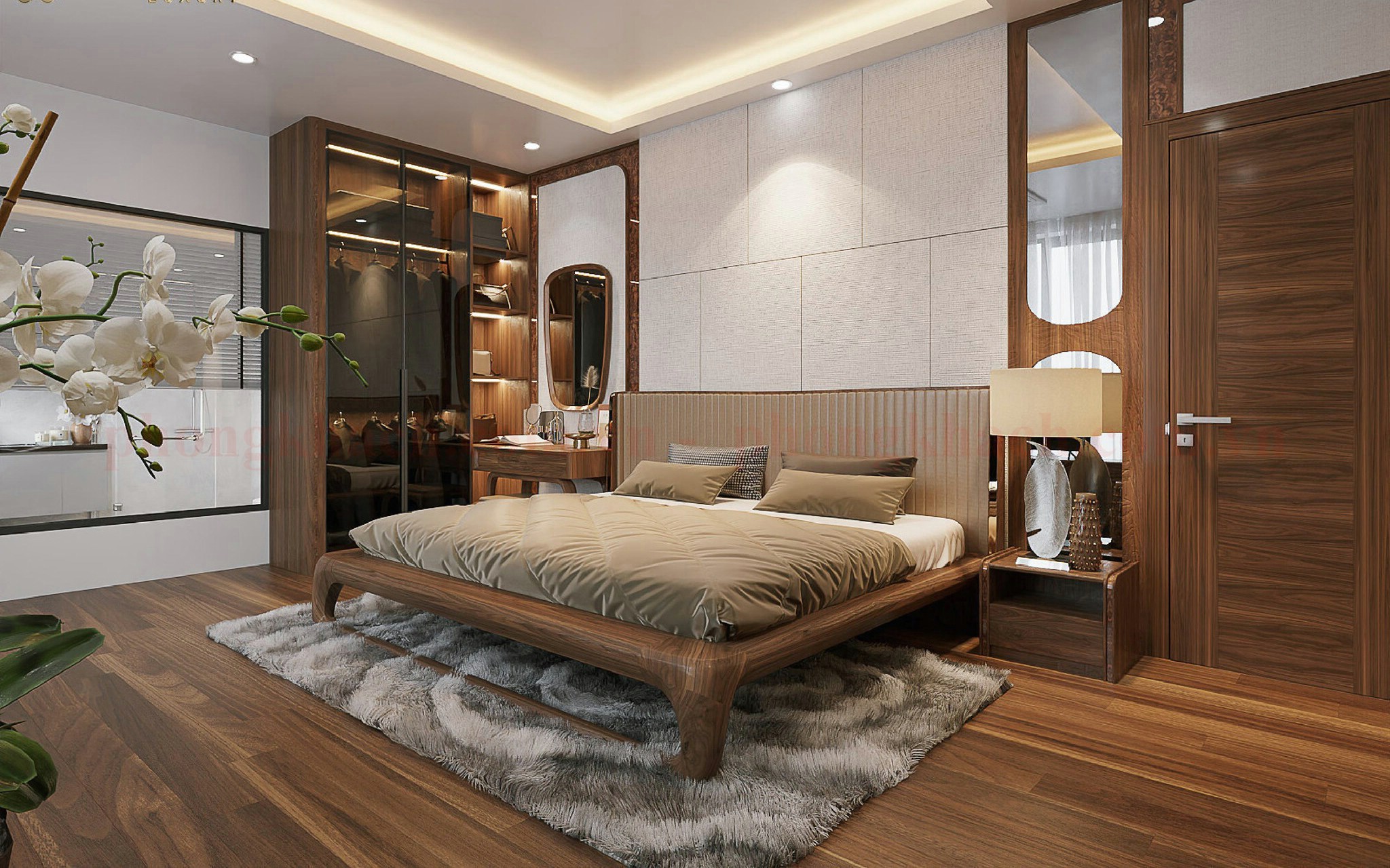 Giường gỗ tự nhiên sang trọng trong không gian phòng ngủ hiện đại