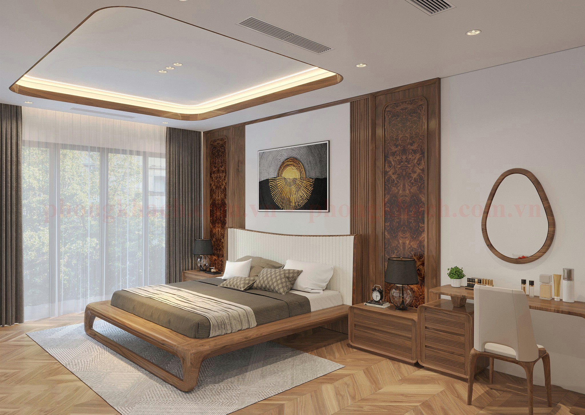 Nội thất phòng ngủ sang trọng với giường gỗ óc chó