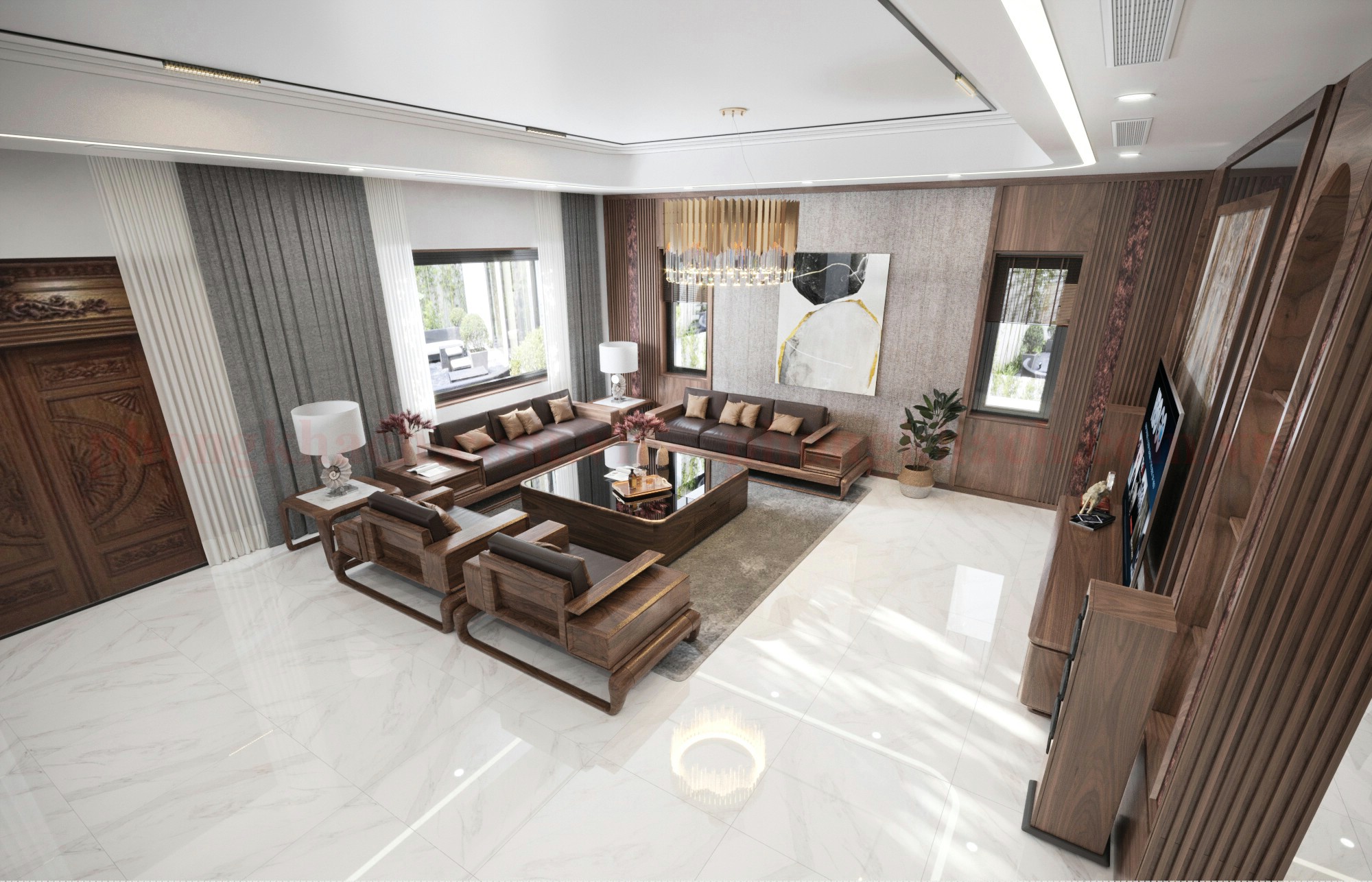 Sofa gỗ chữ U bằng gỗ óc chó kết hợp nu cao cấp trong phòng khách hiện đại