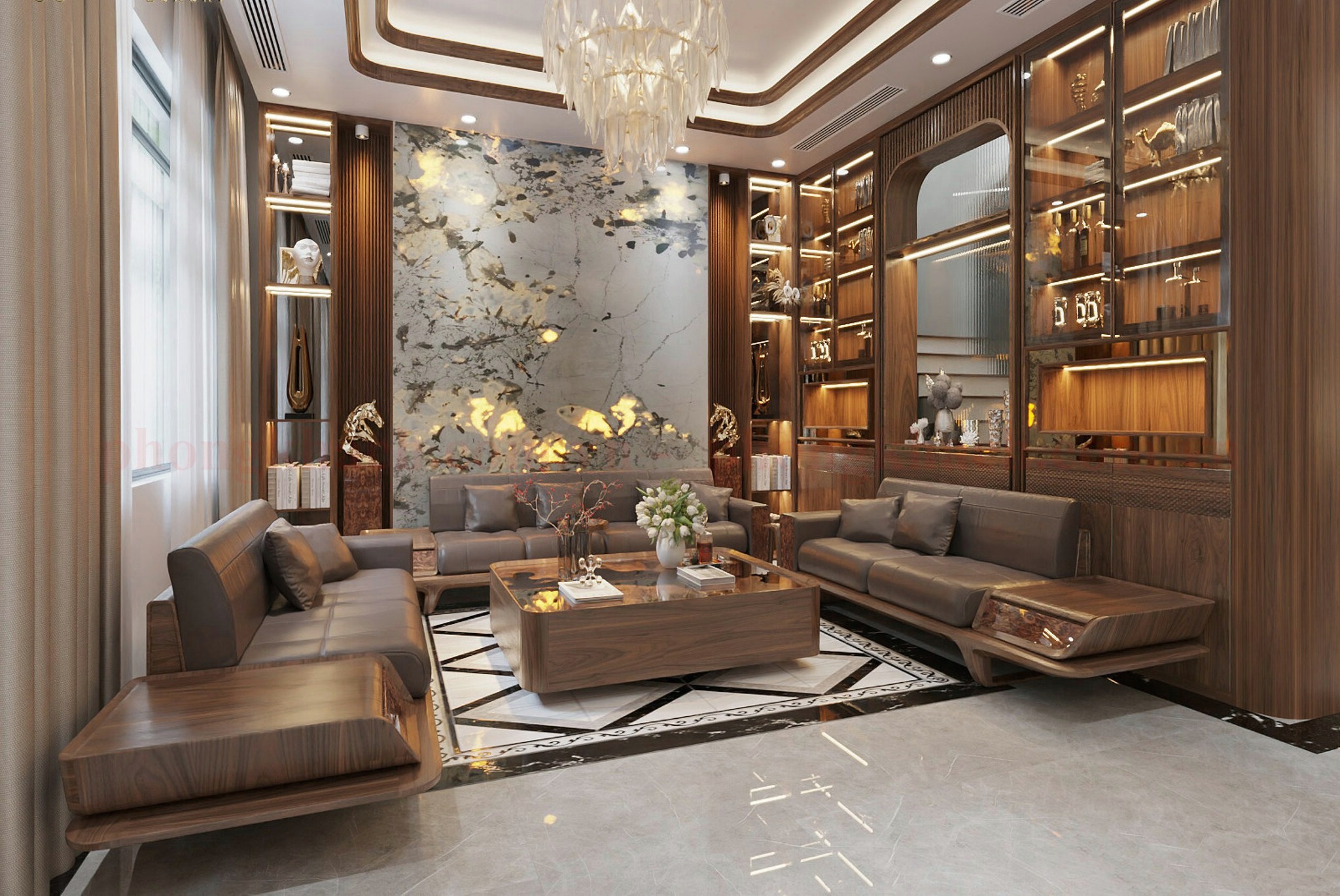 Sofa gỗ óc chó cao cấp với đệm da và thiết kế hiện đại