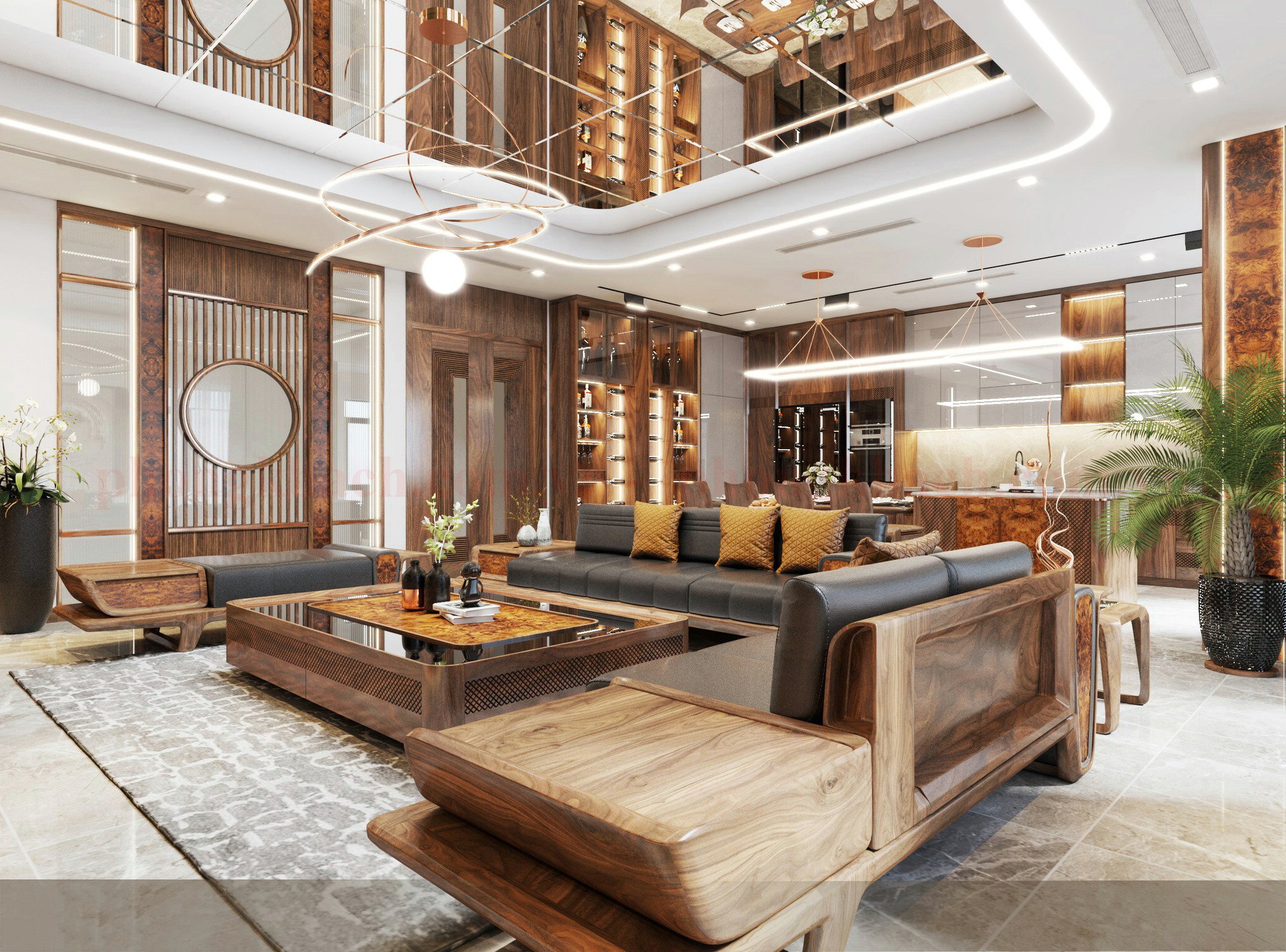 Sofa gỗ Óc Chó cao cấp trong phòng khách