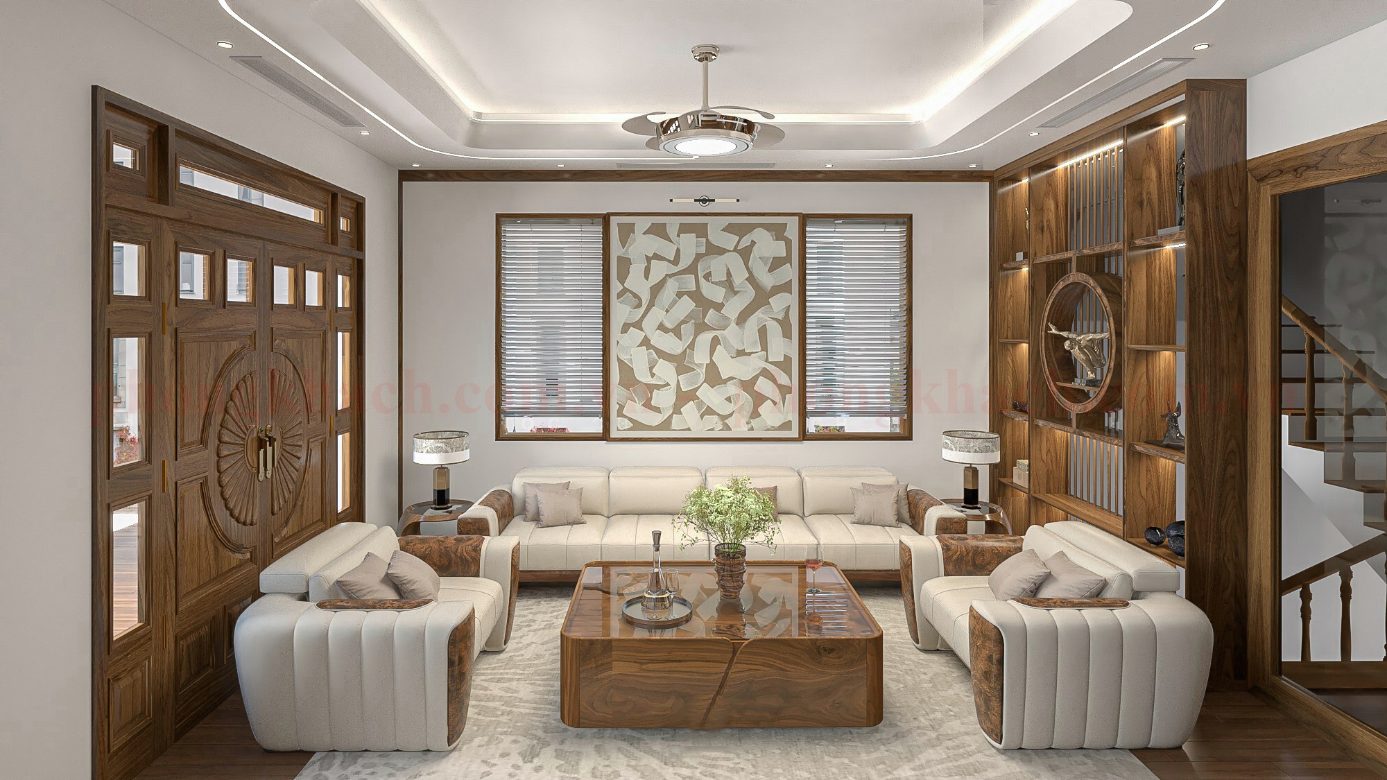 Sofa gỗ óc chó chữ U trong phòng khách rộng lớn và hiện đại