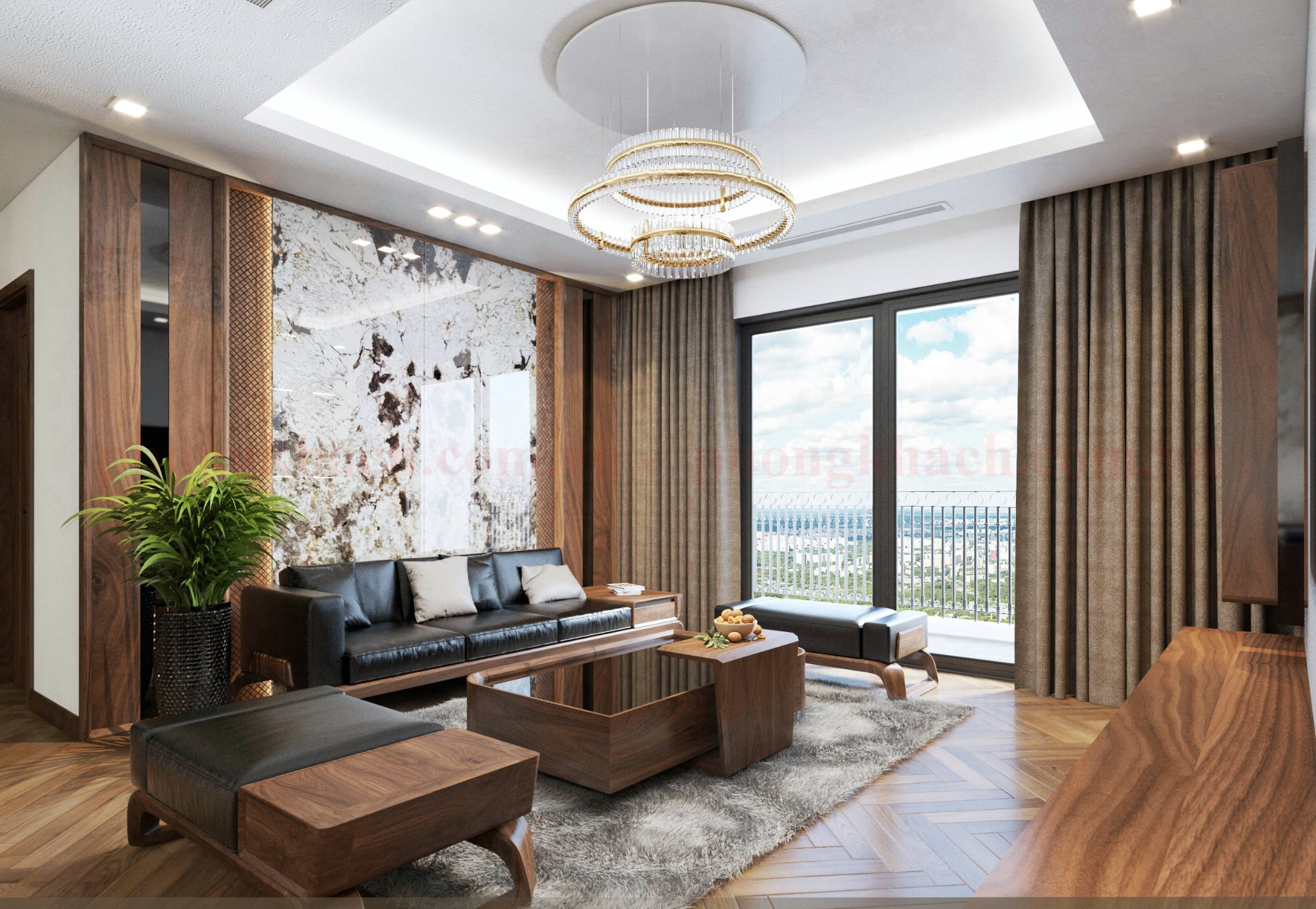 Sofa gỗ đơn giản trong không gian chung cư