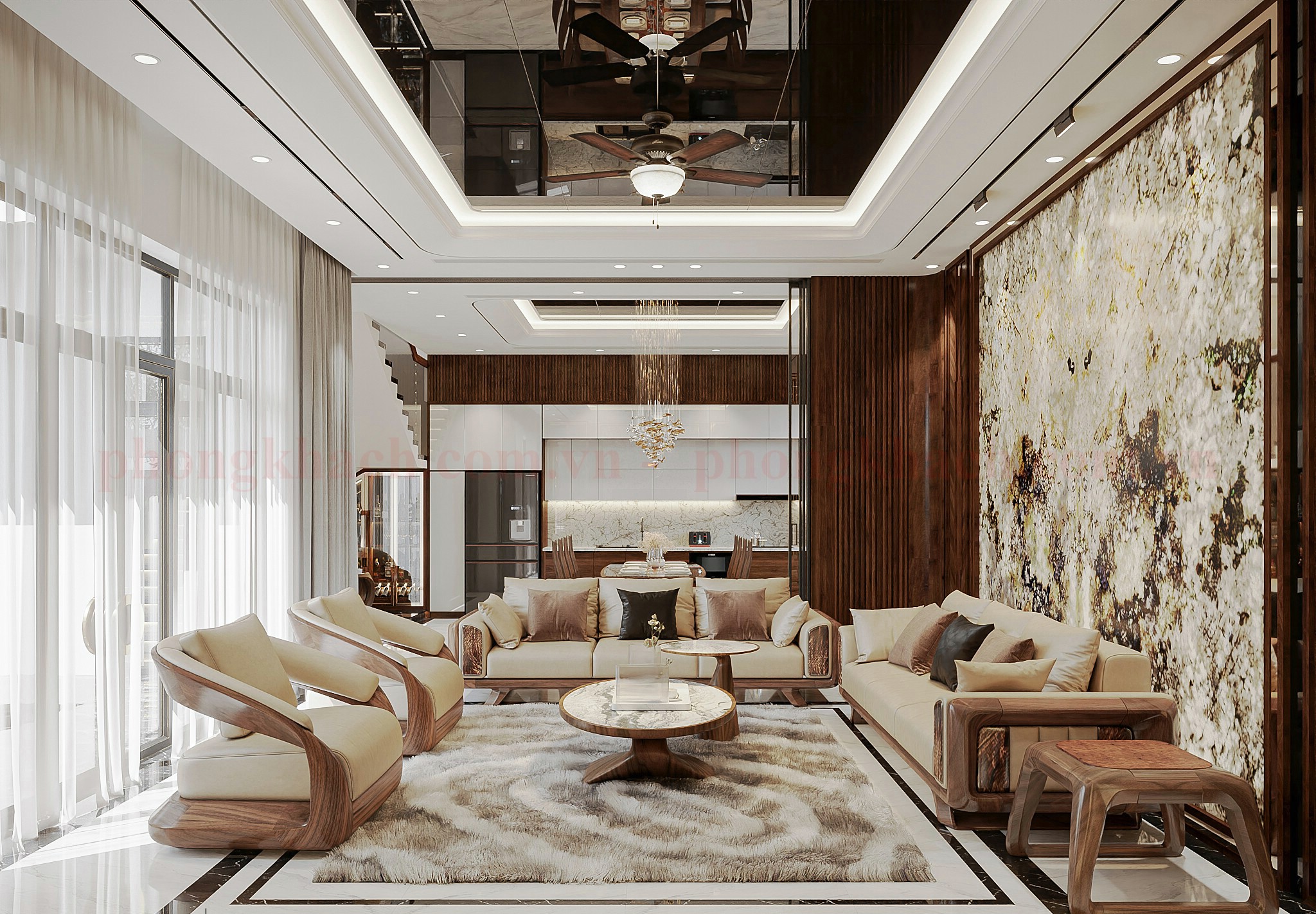 Sofa gỗ óc chó trong biệt thự sang trọng