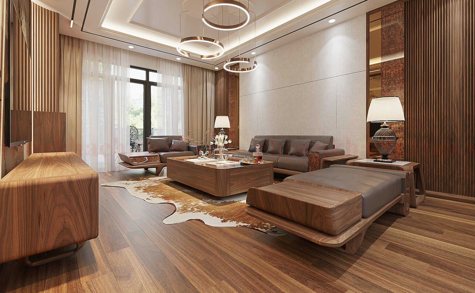 Sofa gỗ tự nhiên đẹp với vân gỗ hài hòa, kết hợp cùng da hoặc nỉ cao cấp