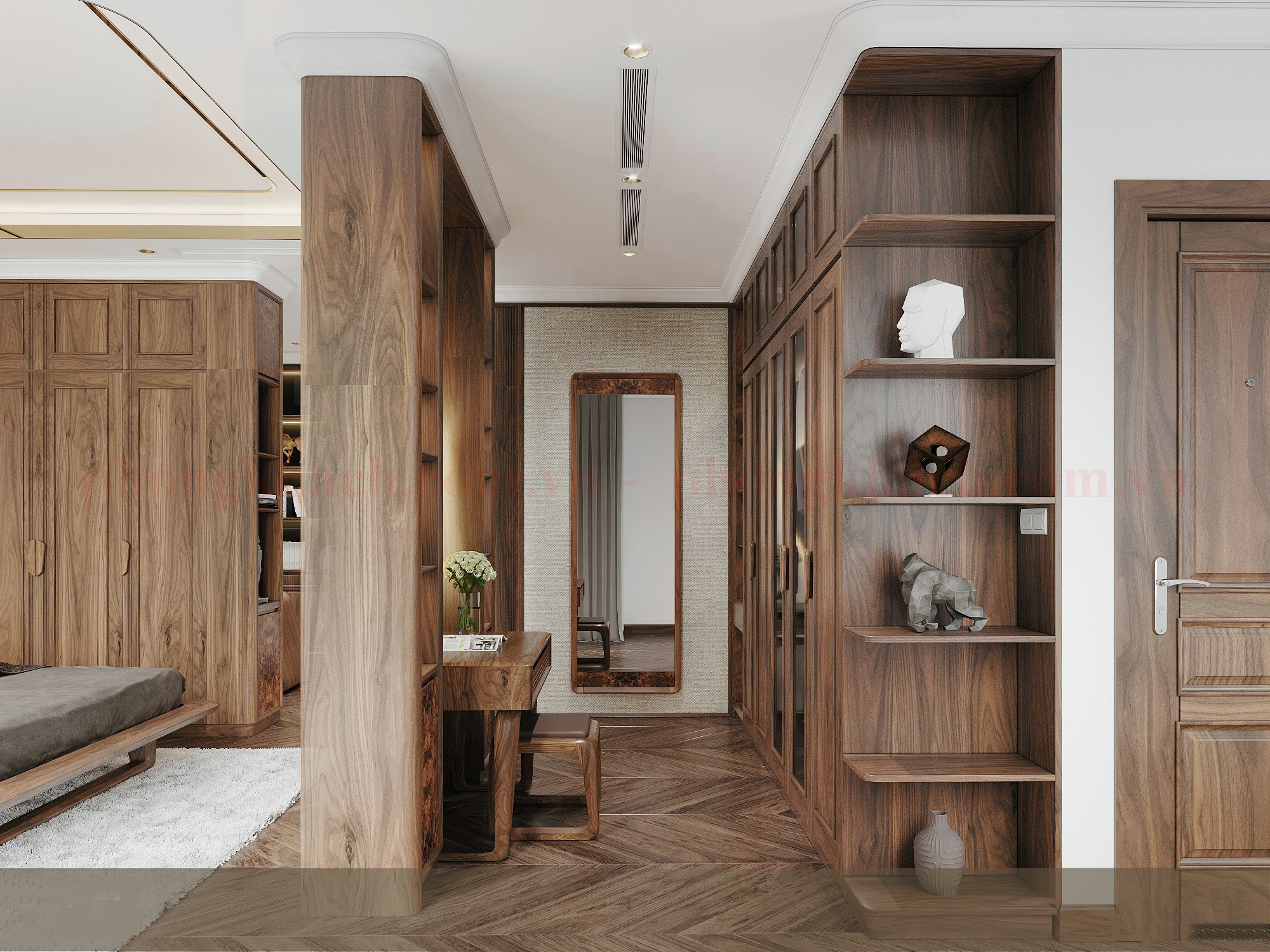 Vách ngăn gỗ óc chó kết hợp veneer hiện đại trong phòng ngủ